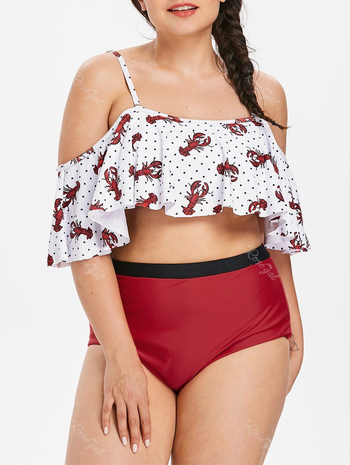 

Plus Size Spaghetti Strap High Waist Tankini Set, Red wine