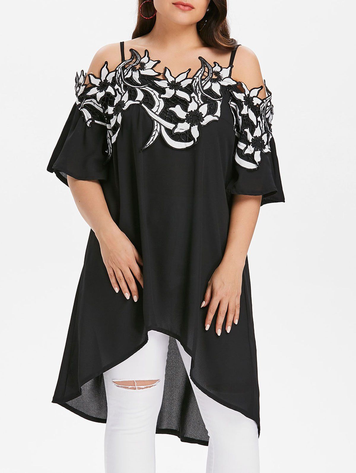 

Plus Size Cold Shoulder Applique Tunic Top, Black