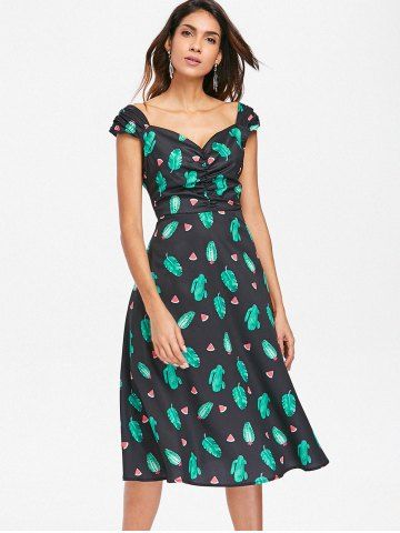 

Ruched Watermelon Tropical Cactus Dress, Black