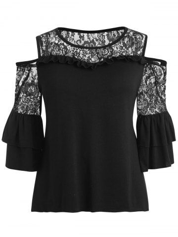 

Flare Sleeve Lace Panel Plus Size Top, Black