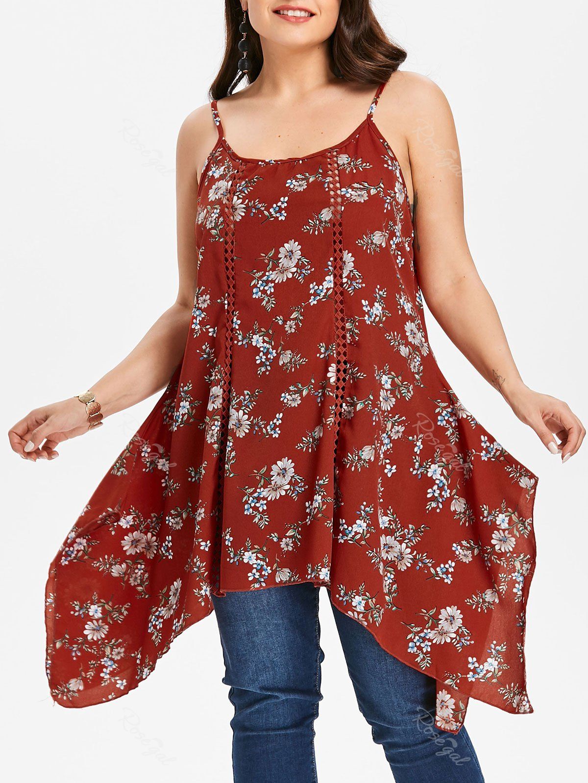 

Plus Size Flower Handkerchief Tank Top, Red