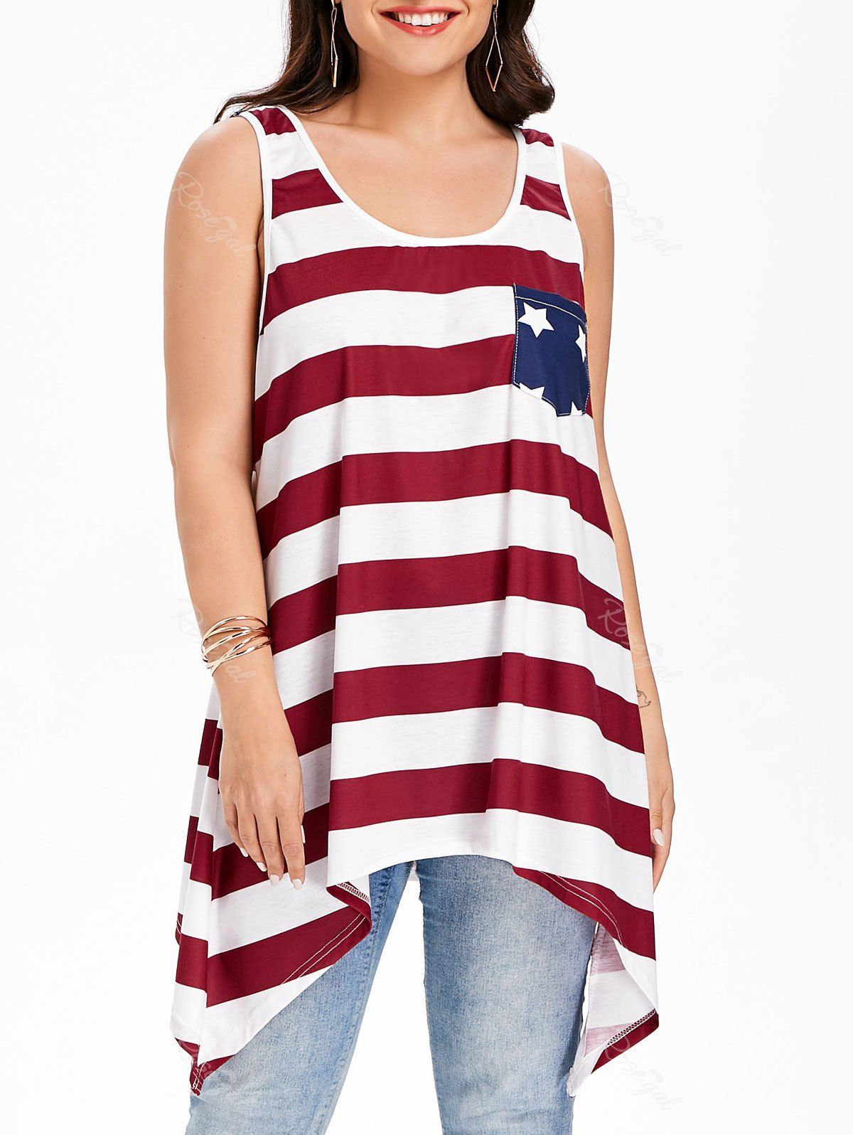 

Patriotic American Flag Pocket Plus Size Tank Top, Red wine