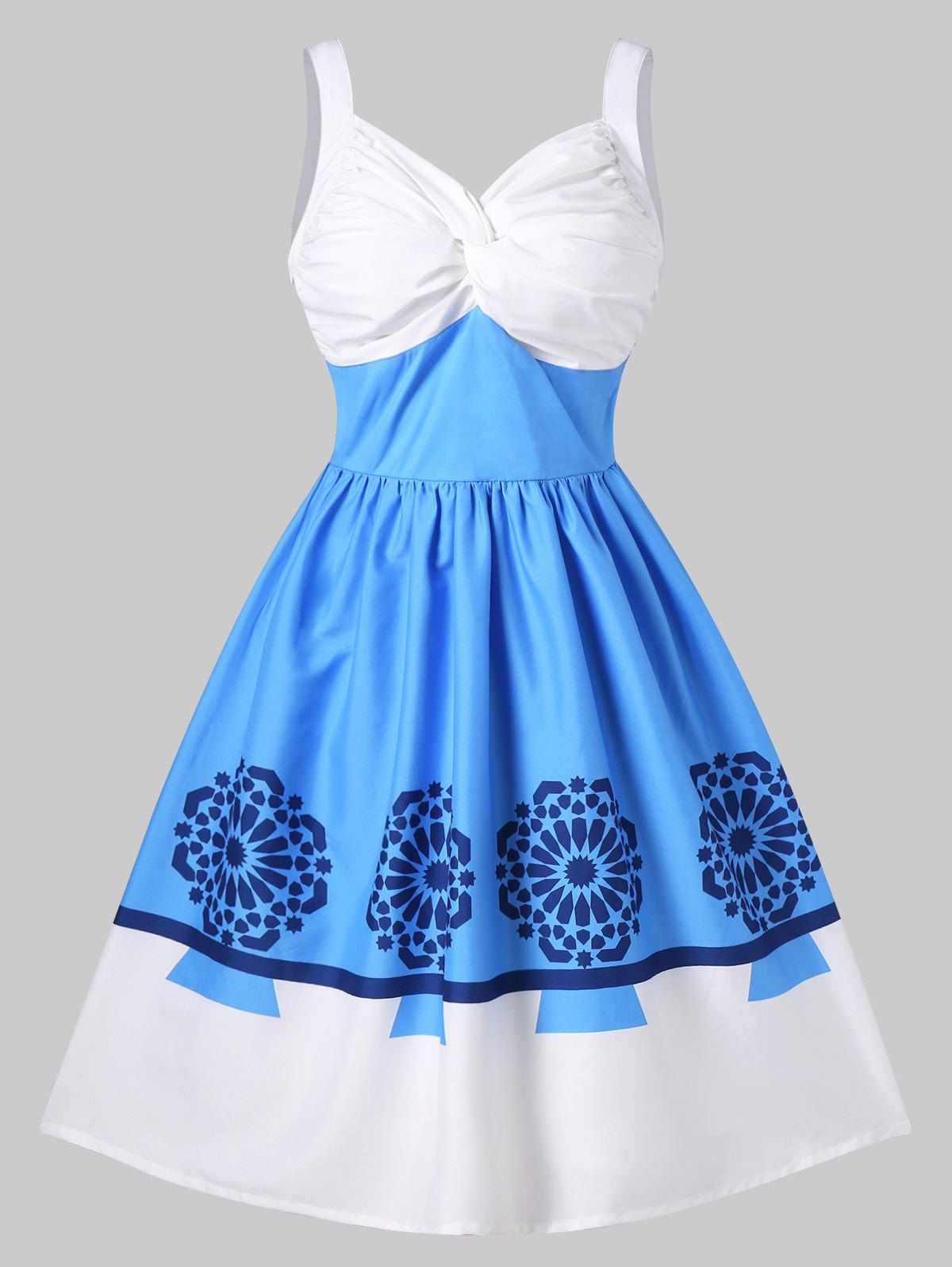 Print Ruched 1950s Rockabilly Dress, Deep sky blue