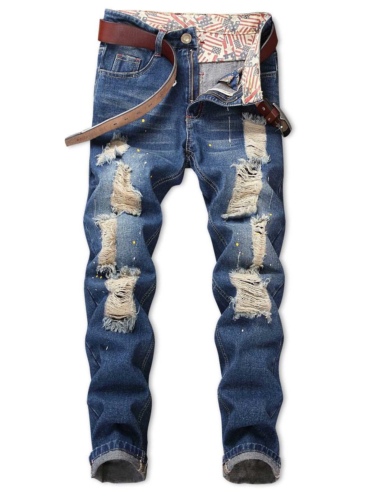

Distressed Destroyed Spatter Paint Print Jeans, Light blue