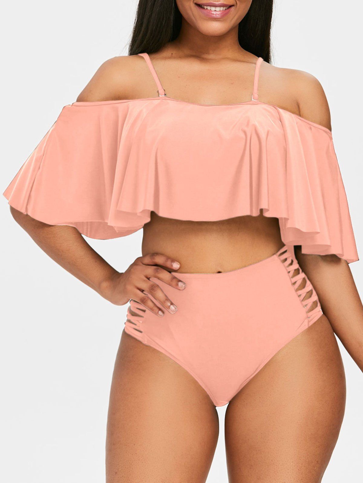 

Tiered Adjustable Strap Bikini Set, Pig pink