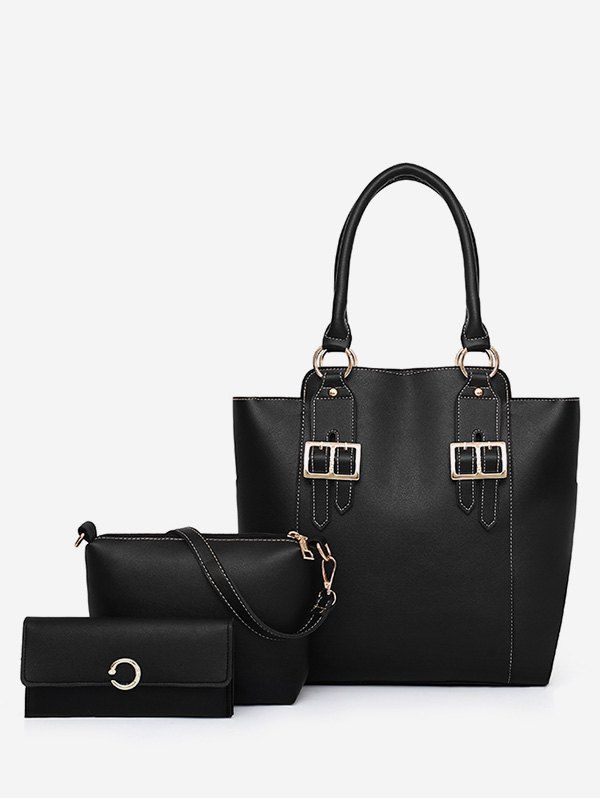 

PU Leather Buckles Minimalist 3 Pieces Shoulder Bag Set, Black