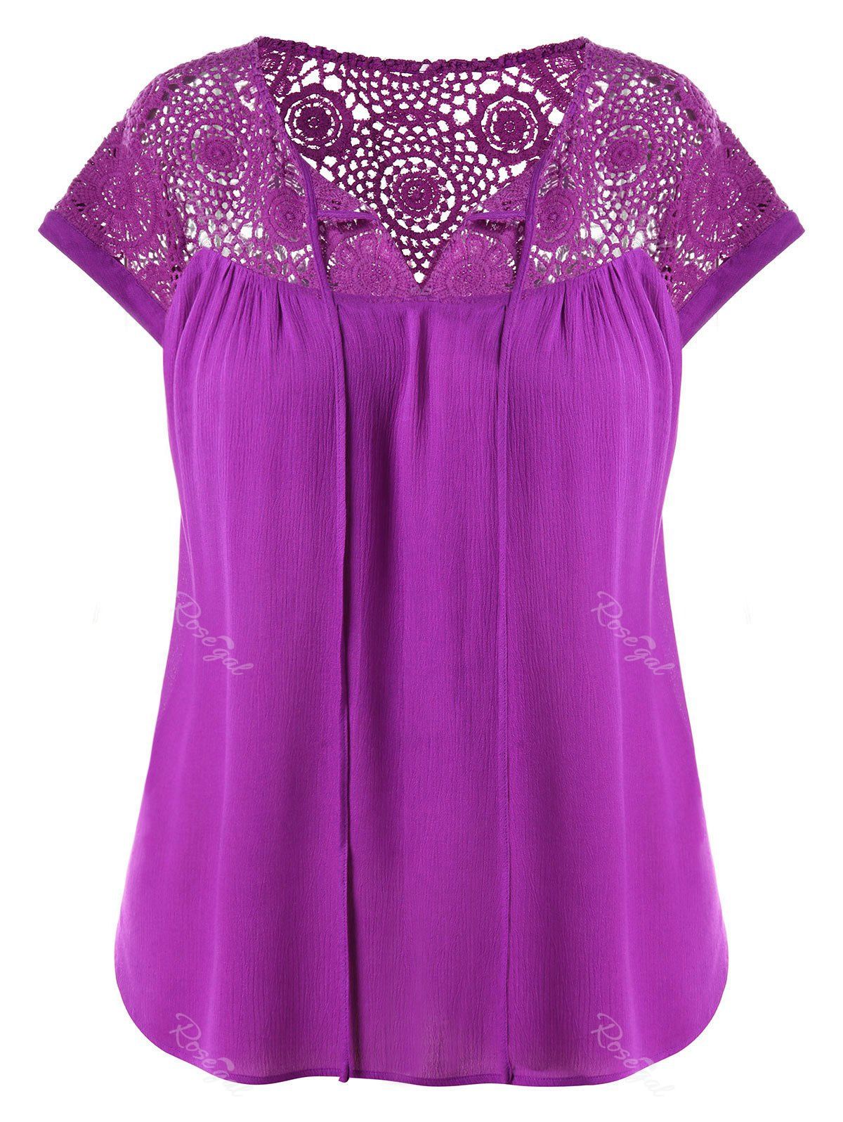 

Crochet Plus Size Short Sleeve Blouse, Purple flower