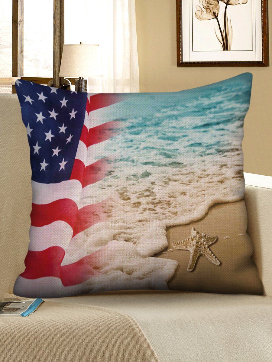 

American Flag Beach Print Decorative Linen Pillowcase, Multi