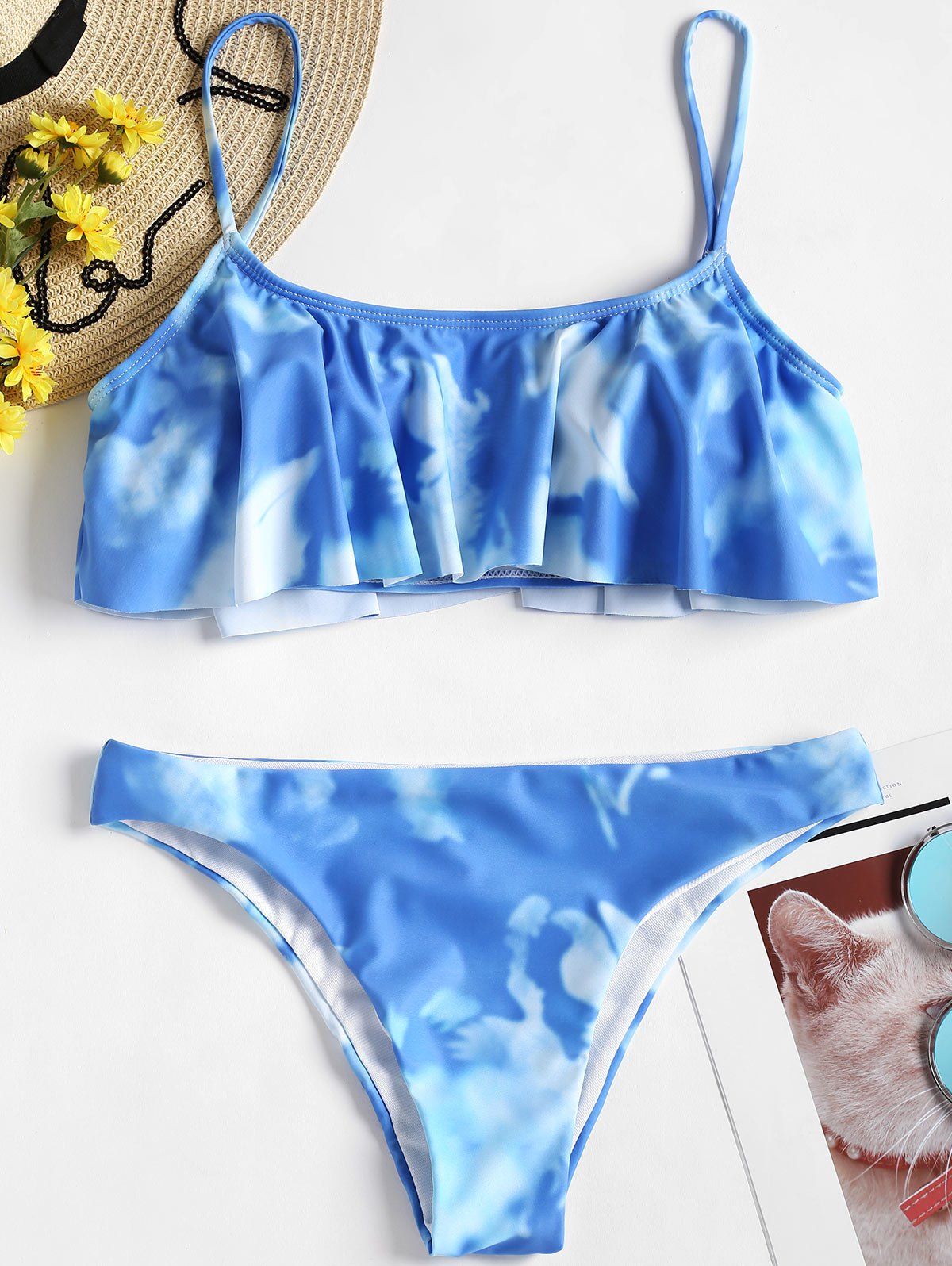 

Sky Print Ruffle Bikini Set, Sky blue