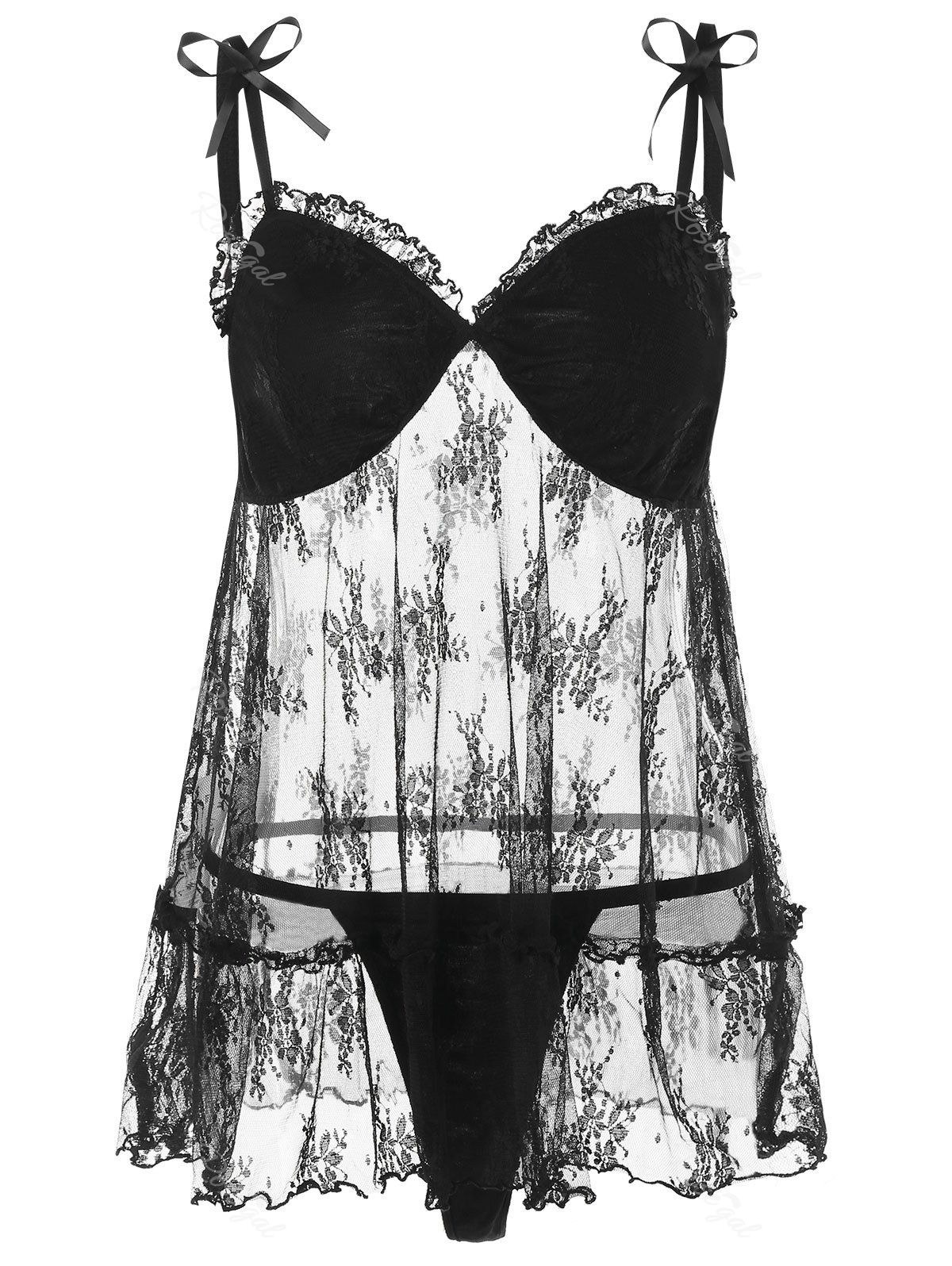 

Plus Size Flounced Sheer Lace Babydoll Set, Black