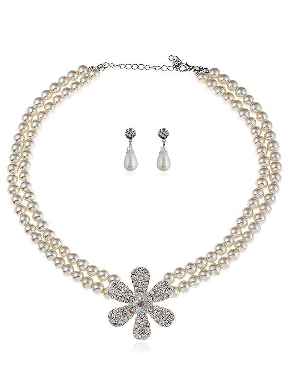

Rhinestone Floral Faux Pearl Beaded Wedding Jewelry Set, White