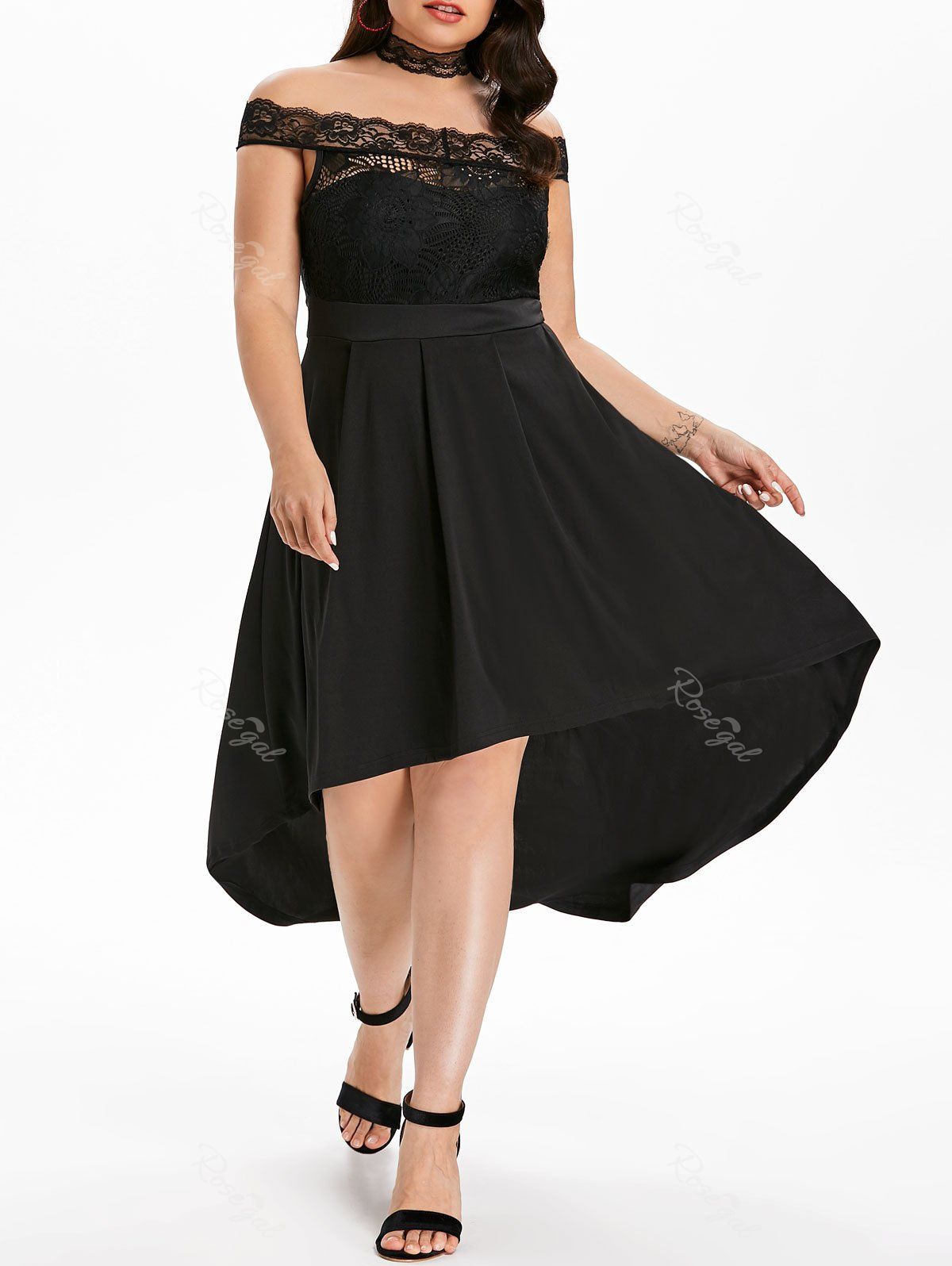 

Plus Size Lace Off Shoulder High Low Dress, Black