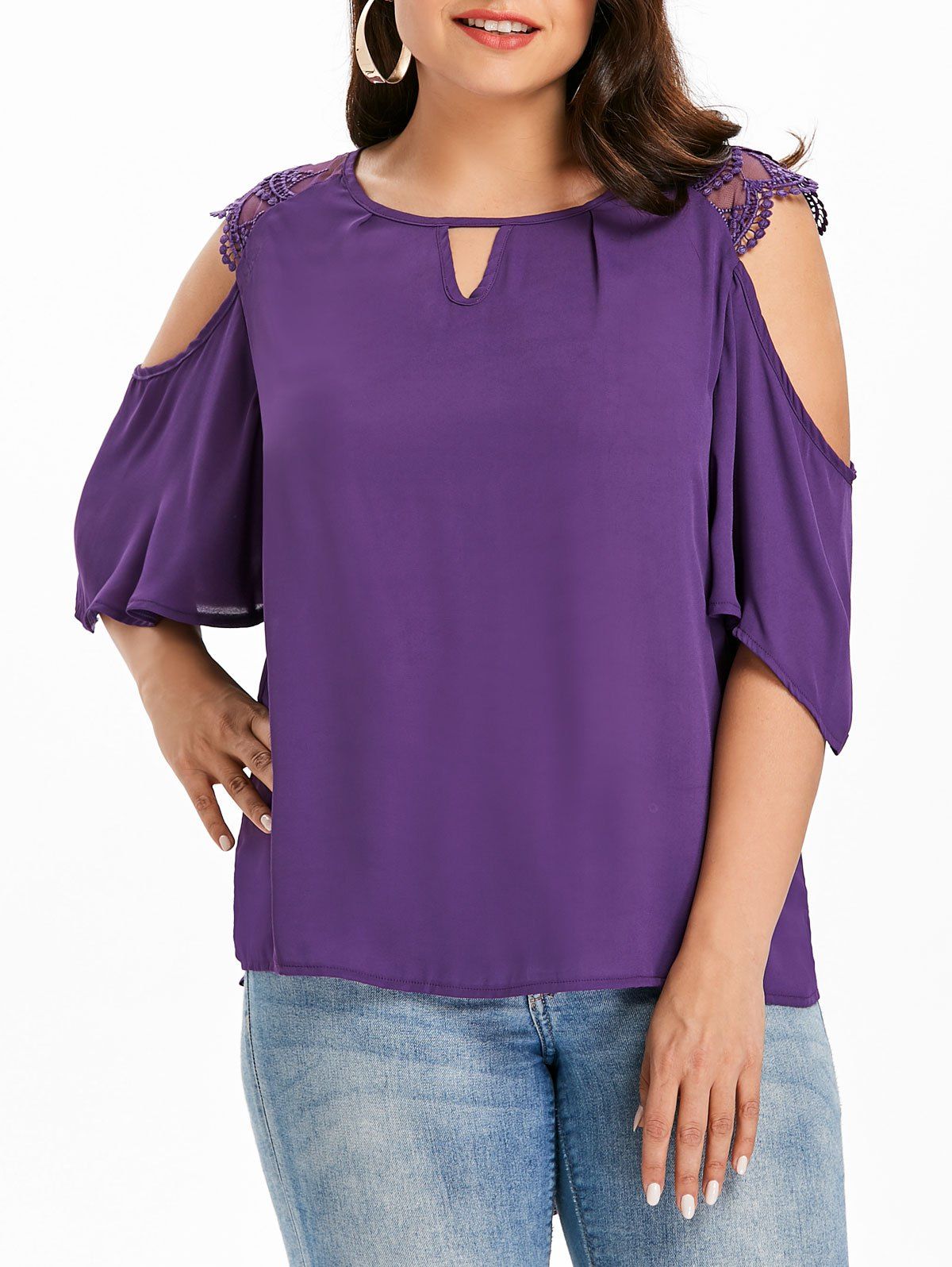 

Plus Size Cold Shoulder Keyhole Blouse, Purple monster