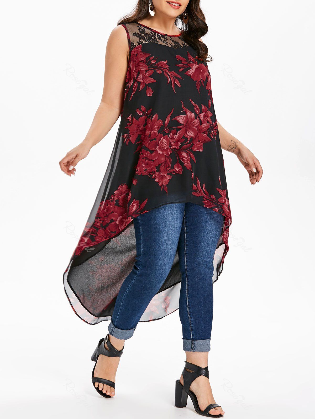 

Plus Size Floral Lace Insert Blouse, Black