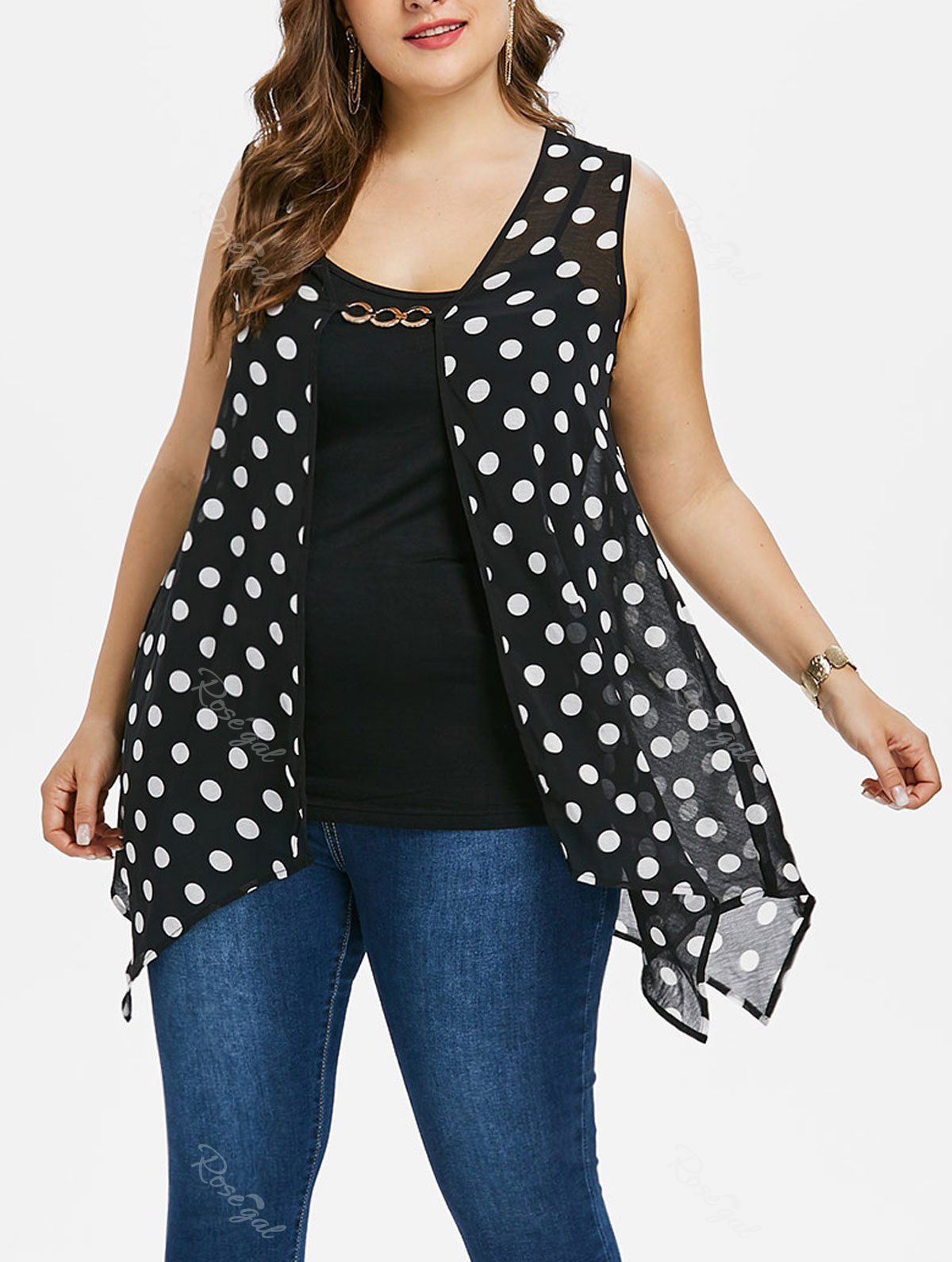 

Plus Size Front Split Polka Dot Tank Top, Black