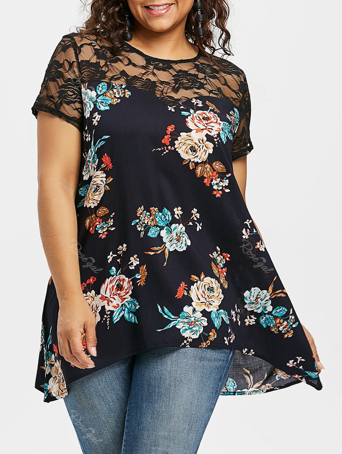 

Lace Panel Plus Size Floral Blouse, Midnight blue