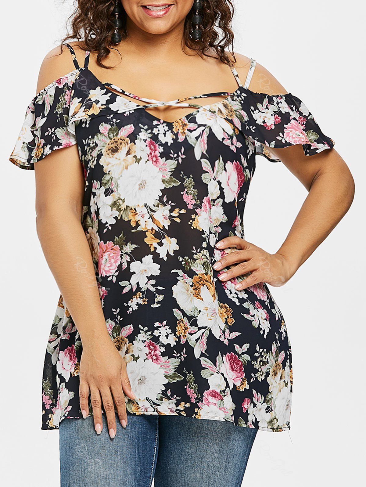 

Floral Print Plus Size Flounce Chiffon Blouse, Black