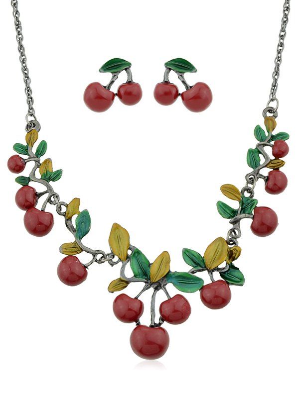 

Cherries Pattern Design Necklace with Earrings, Red