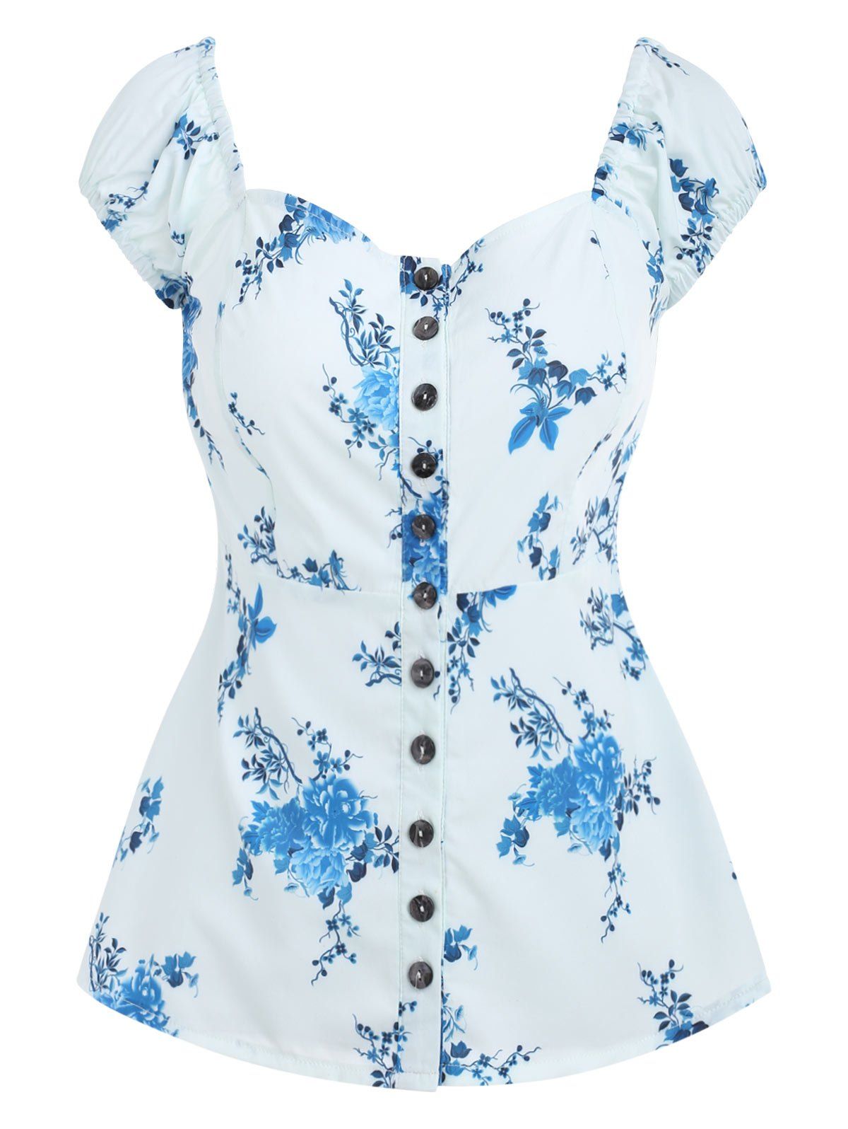 

Buttoned Floral Flare Blouse, Azure