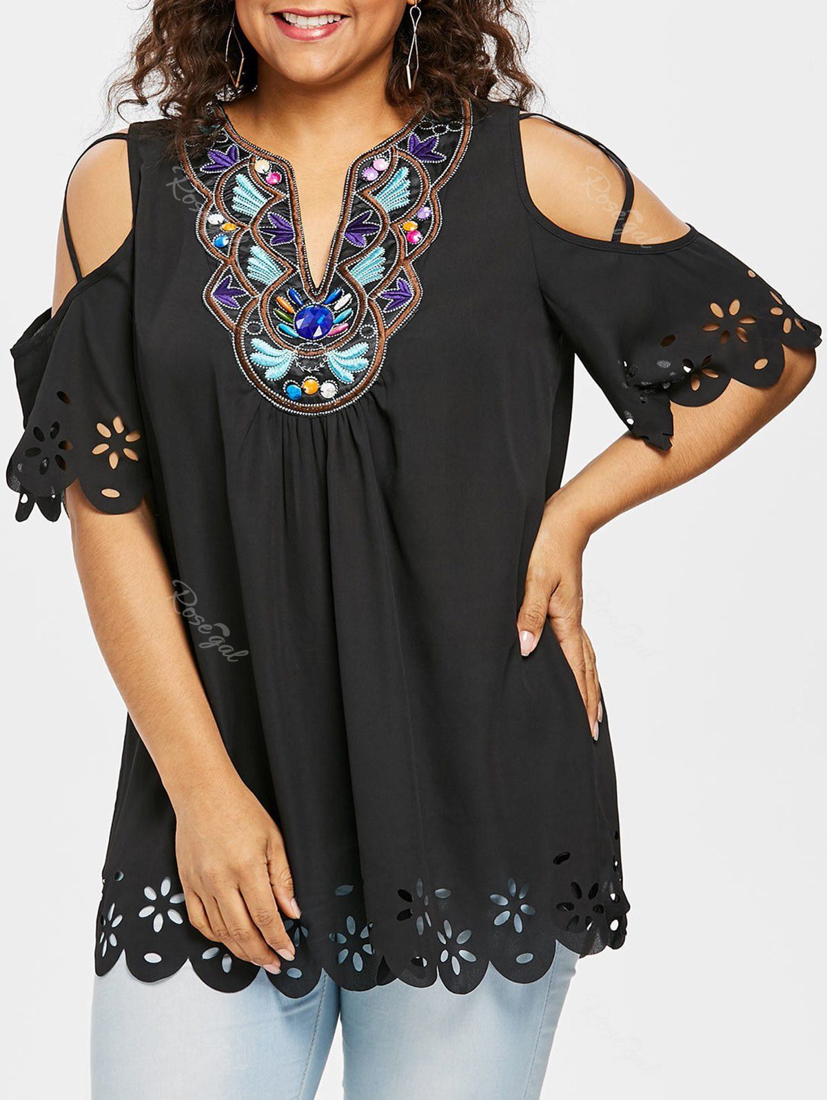 

Plus Size Laser Cut Embellished Blouse, Black