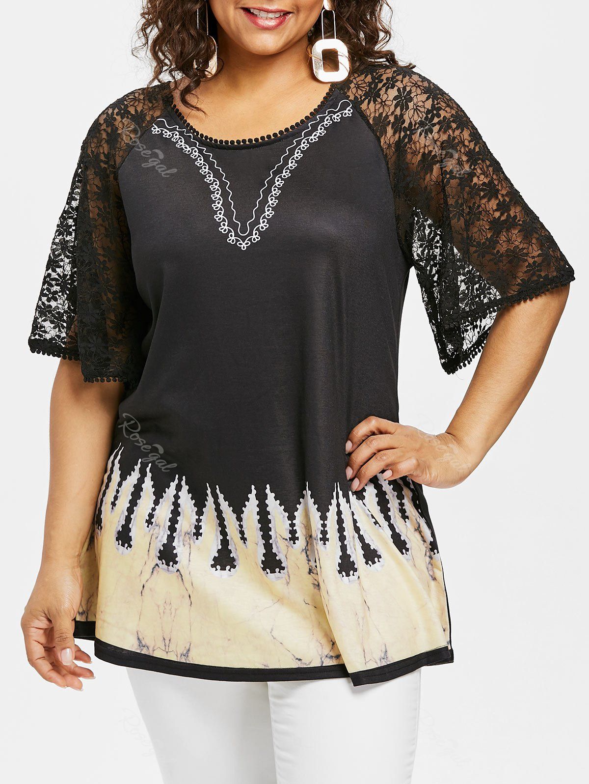 

Plus Size Lace Raglan Sleeve T-shirt, Black