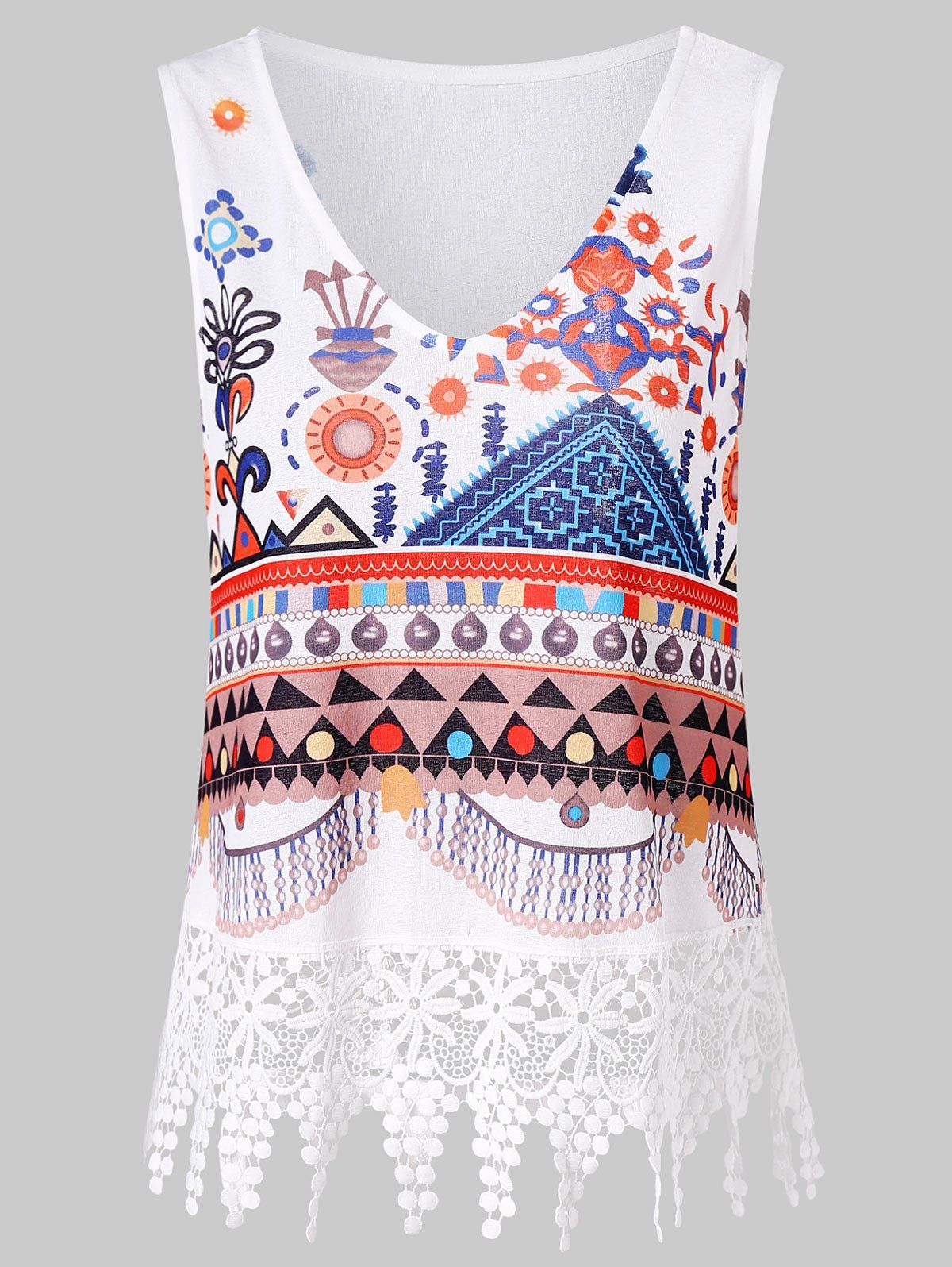 

Printed Lace Panel Tank Top, White