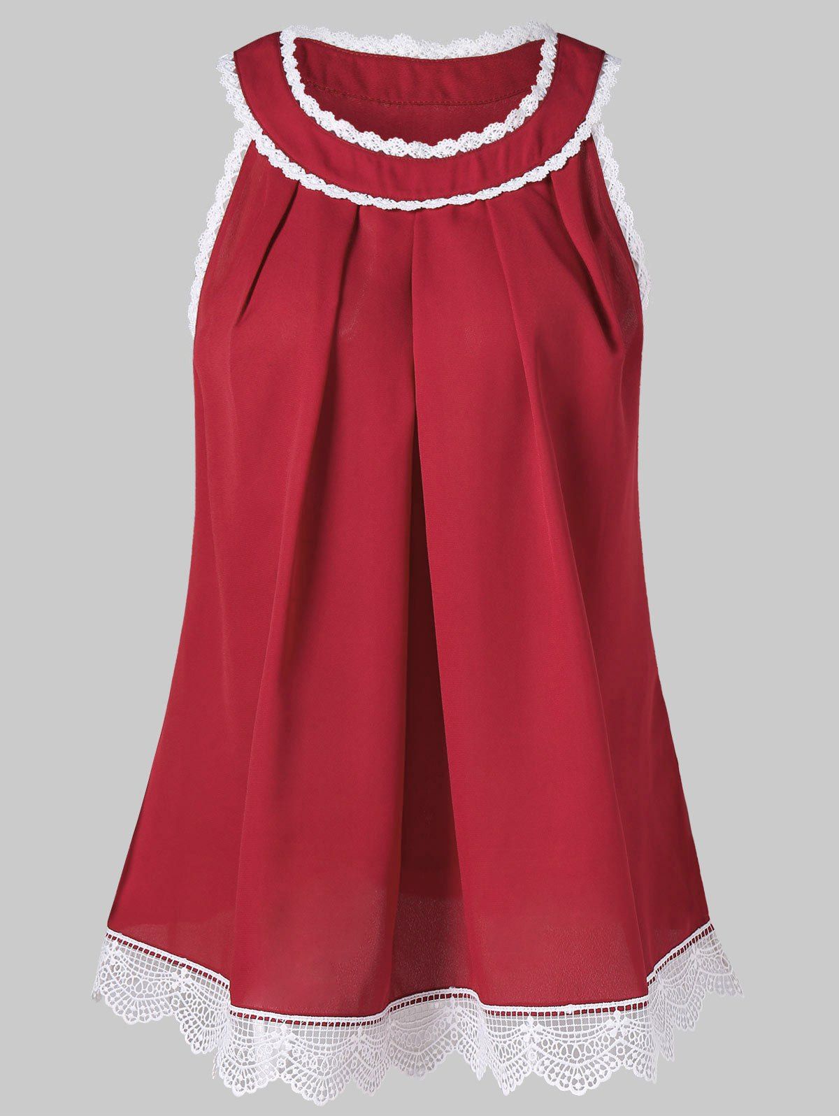 Lace Panel Pleated Tank Top, Red wine