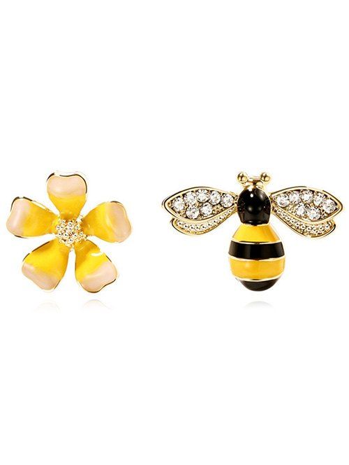 

Rhinestone Bee Flower Asymmetric Earrings, Gold