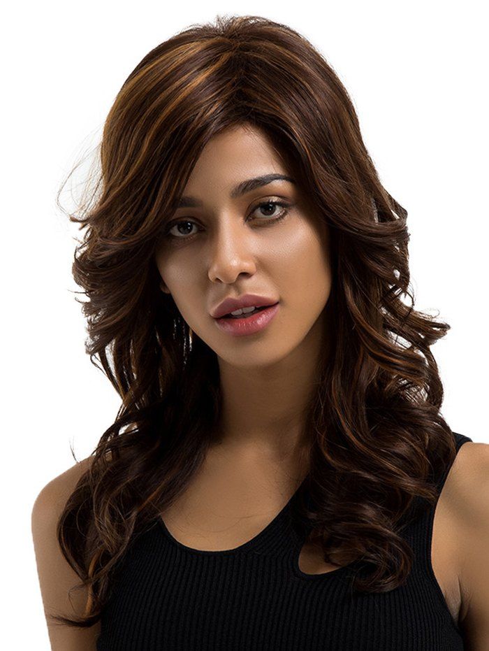 

Long Inclined Bang Wavy Colormix Human Hair Wig, Multi