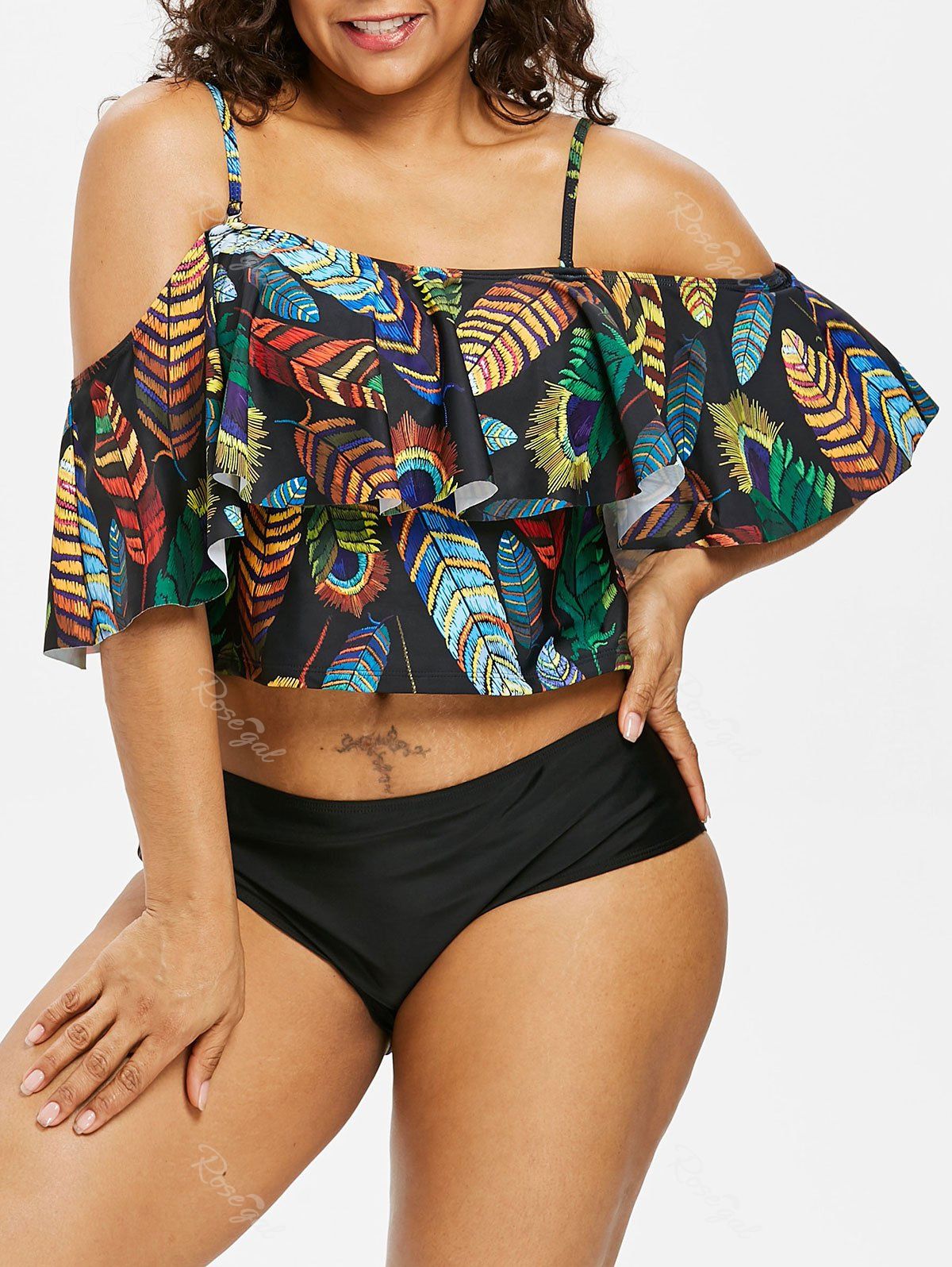 

Peacock Feather Cold Shoulder Plus Size Tankini Set, Black