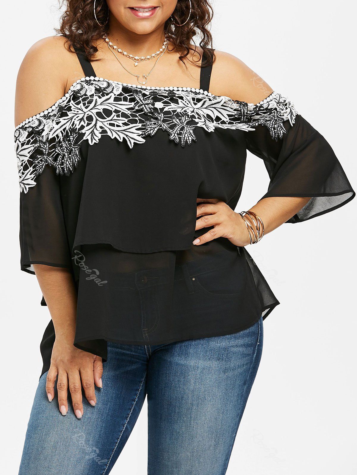 

Plus Size Flare Sleeve Layered Blouse, Black