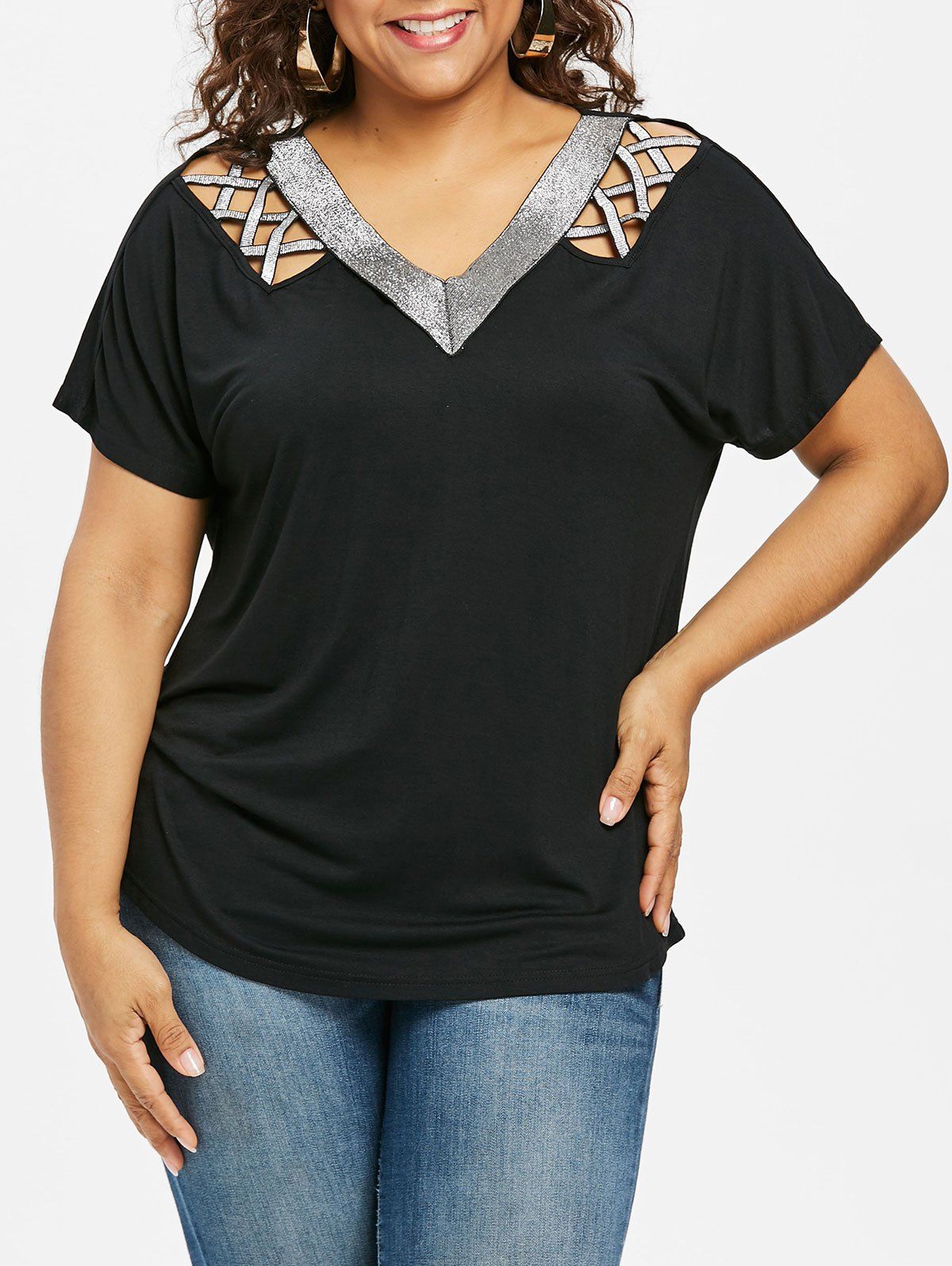 

Plus Size Shimmery Lattice Cutout V Neck T-shirt, Black