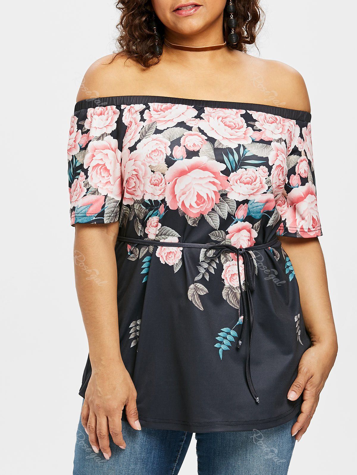 

Plus Size Rose Off Shoulder Top, Black
