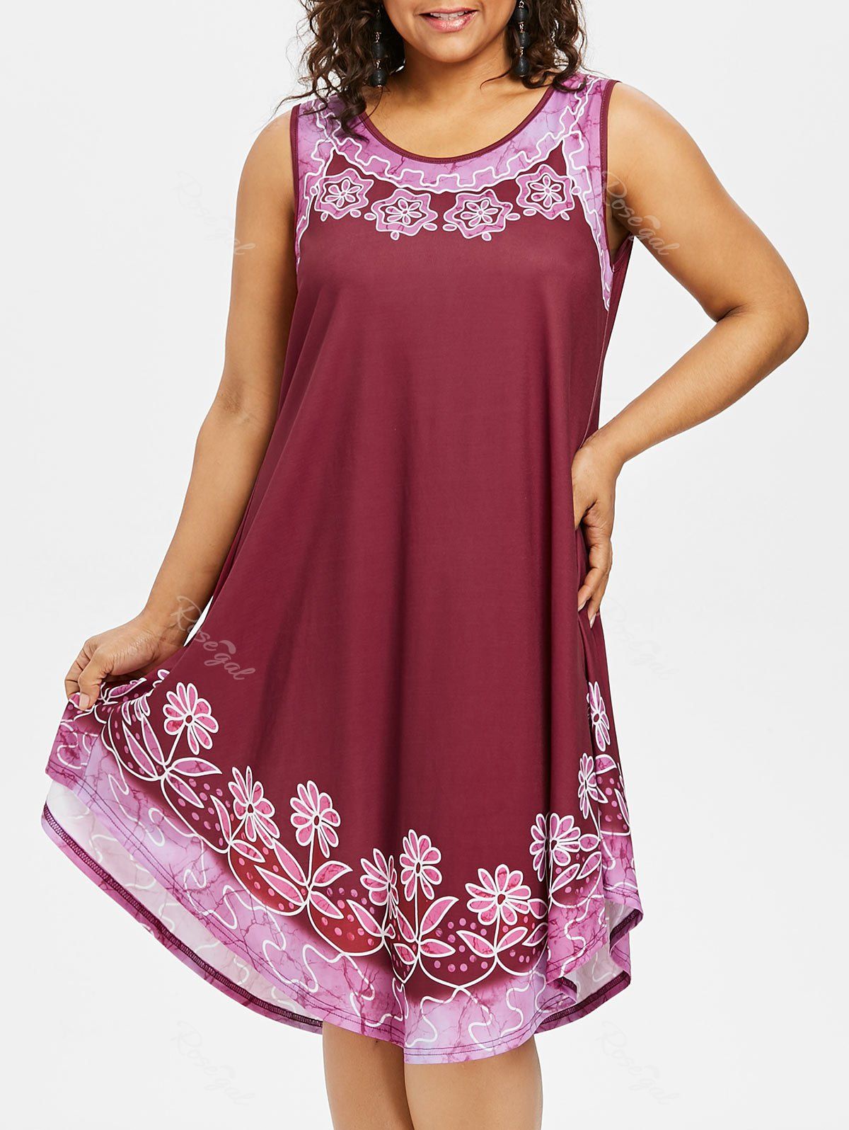 

Plus Size Tiny Floral Curved Hem Dress, Red wine