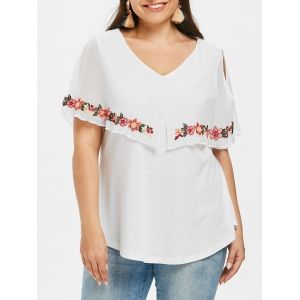 

Plus Size Flower Embroidered Capelet T-shirt, White