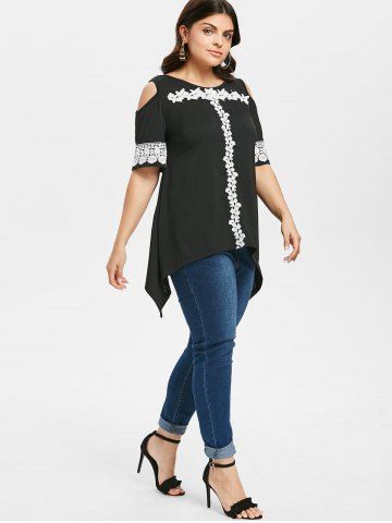 

Flower Crochet Cold Shoulder Plus Size T-shirt, Black