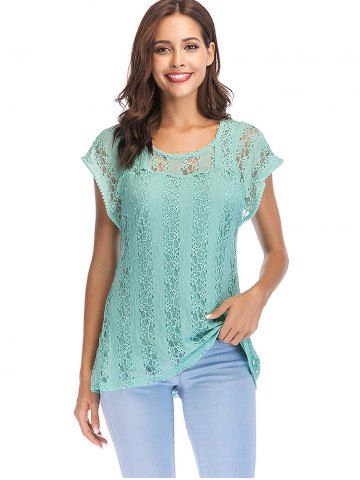 Blusa De Encaje Manga Corta Hueco Azul Verde Guacamayo Rosegal
