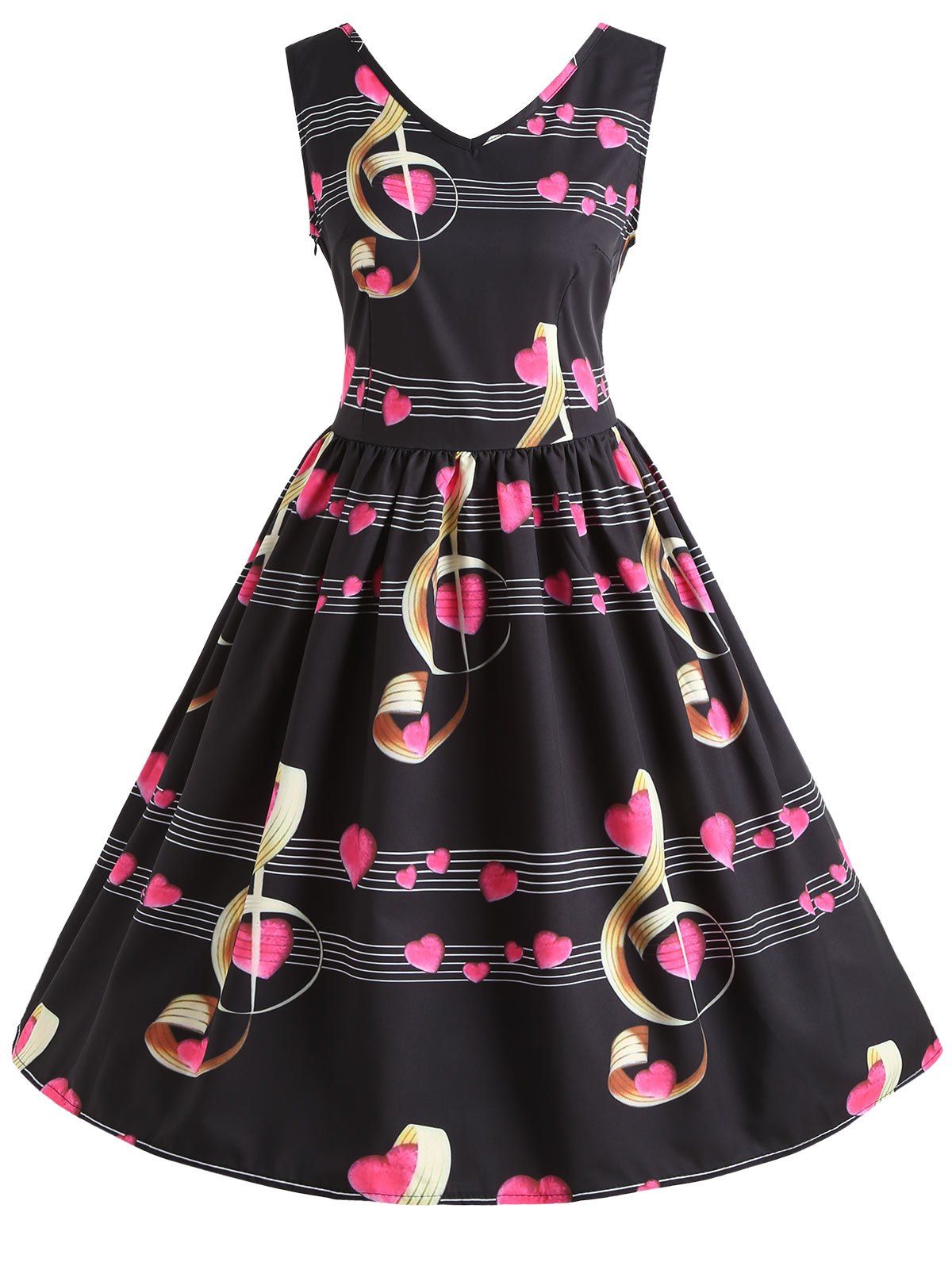 

Musical Notes Heart Print Vintage Dress, Black