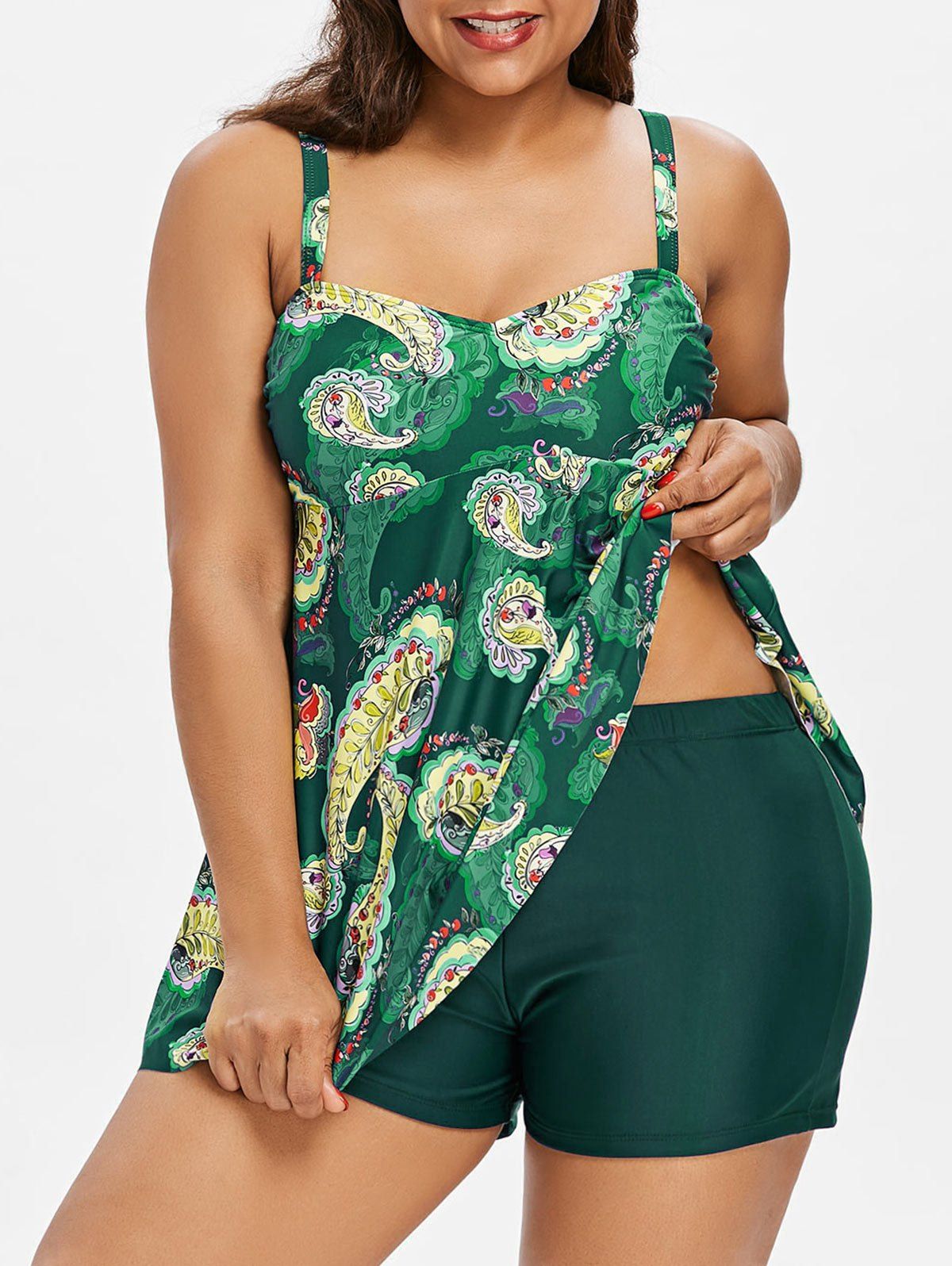 

Paisley Print Plus Size Padded Tankini Set, Green