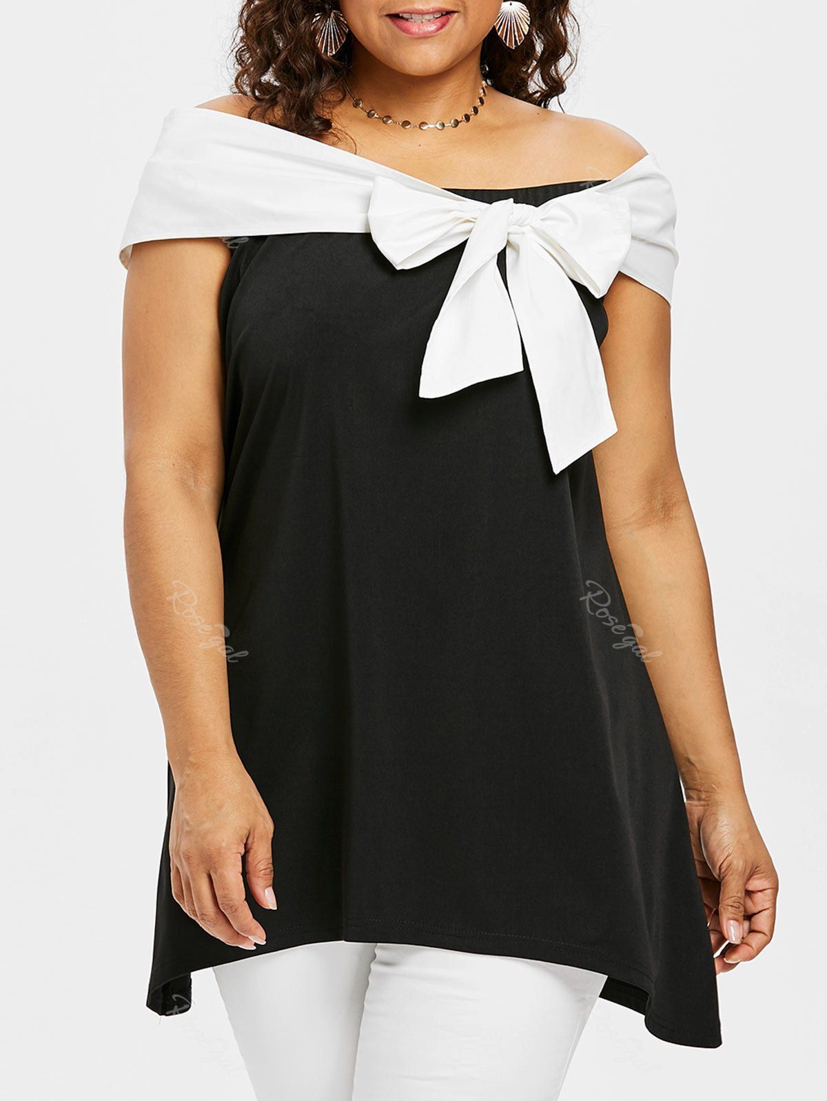 

Plus Size Off The Shoulder Bowknot Embellished Top, Black