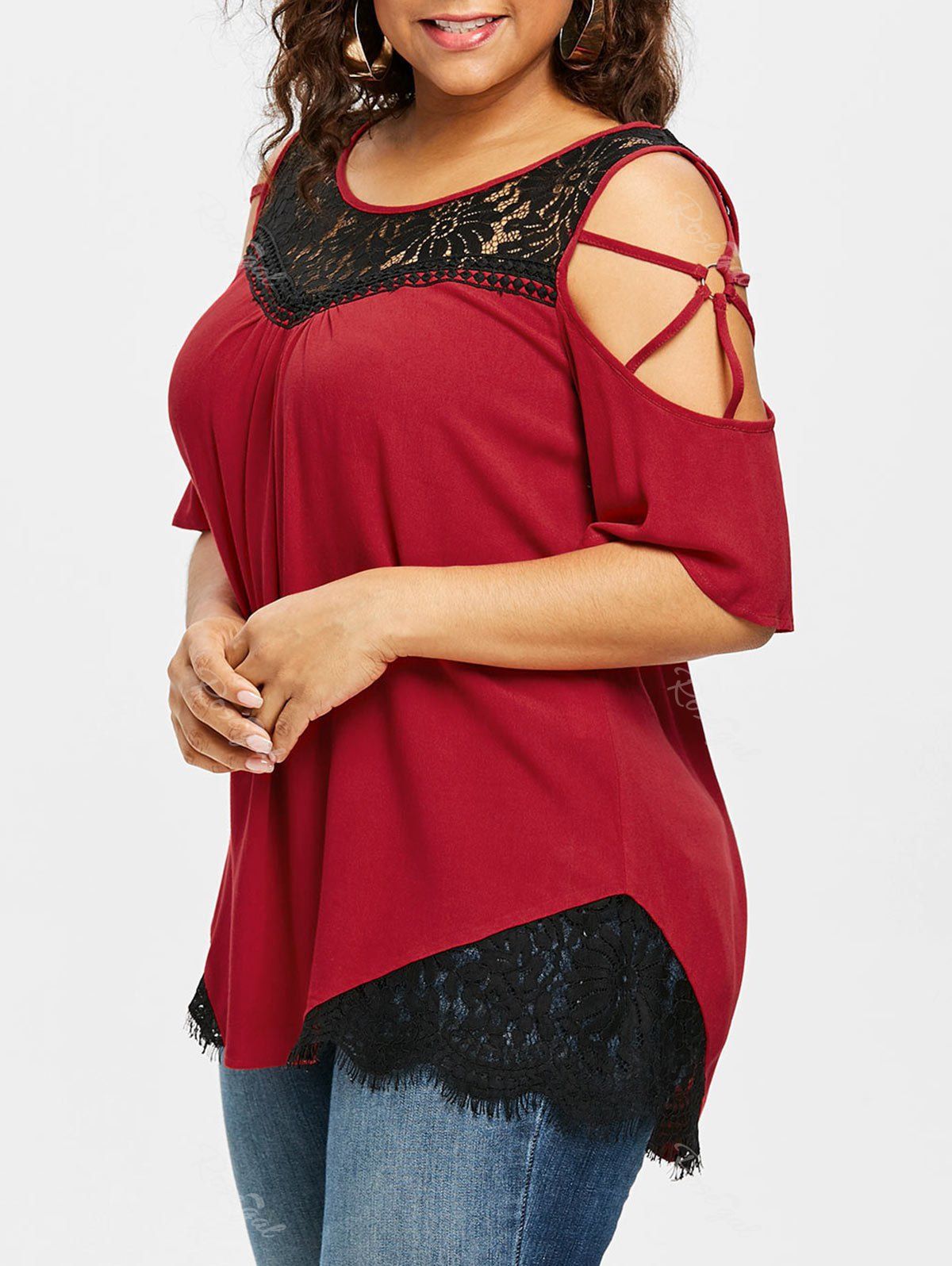 

Plus Size Cutout Contrast Lace Trim T-shirt, Red wine