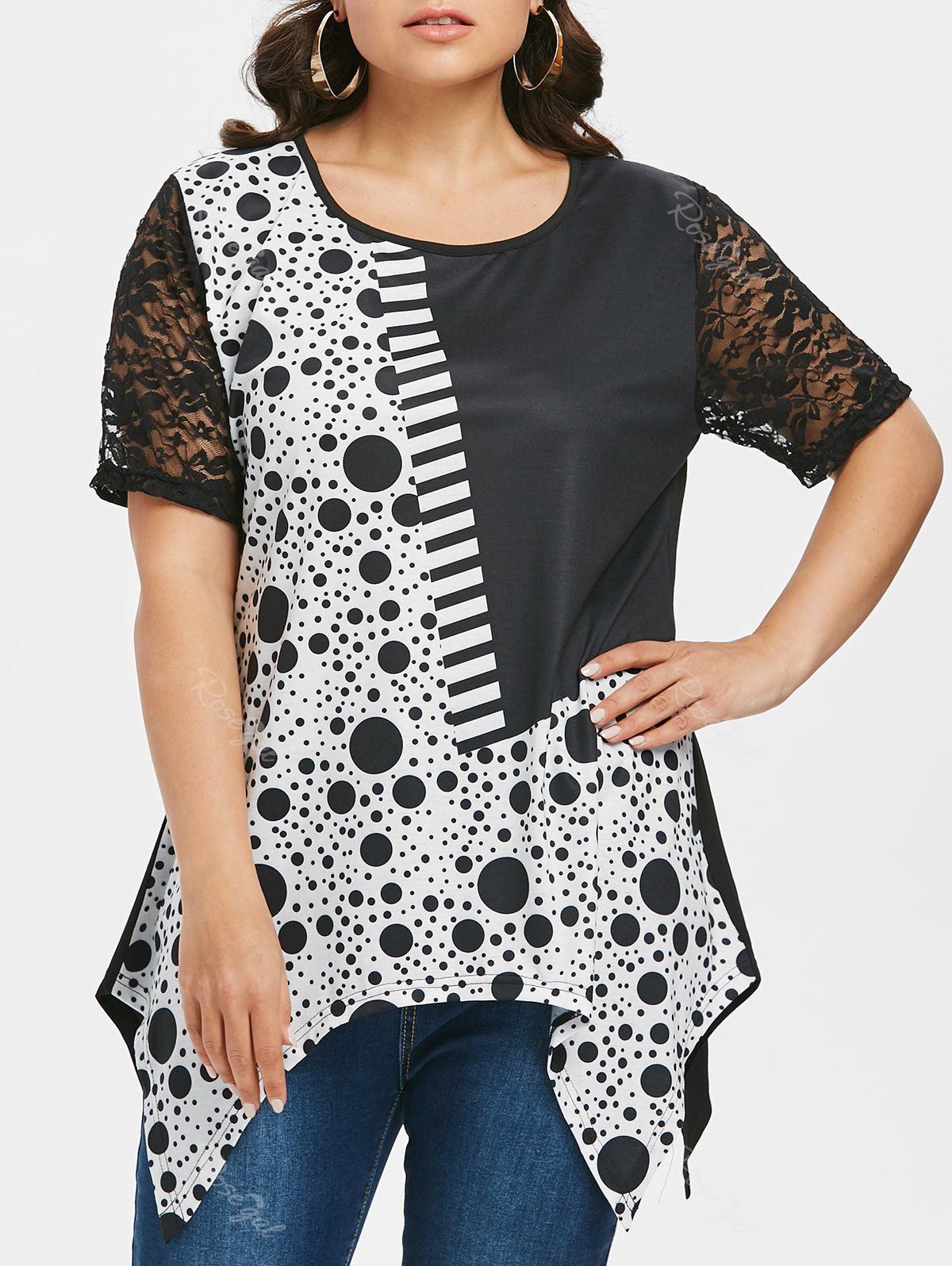 

Polka Dot Lace Insert Plus Size T-shirt, Black