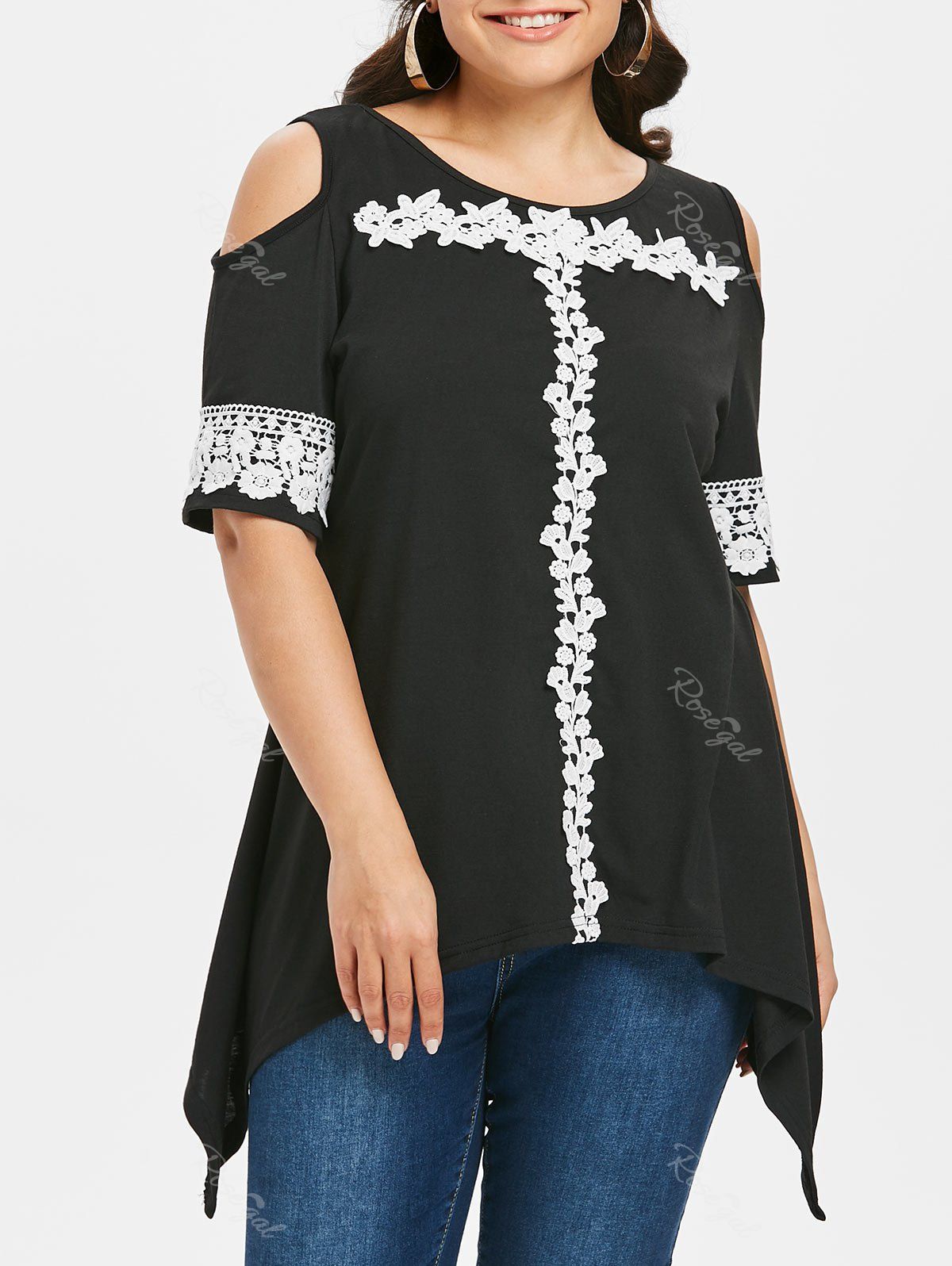

Flower Crochet Cold Shoulder Plus Size T-shirt, Black