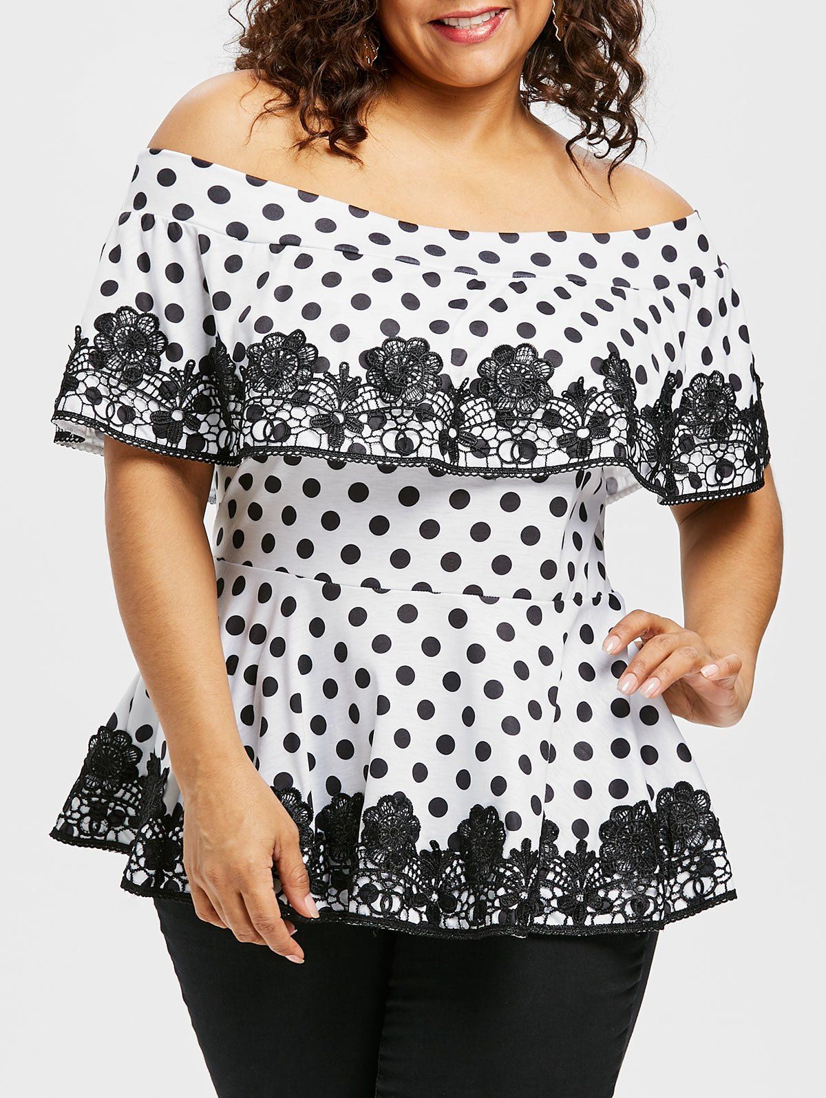 

Plus Size Polka Dot Off Shoulder T-shirt, White