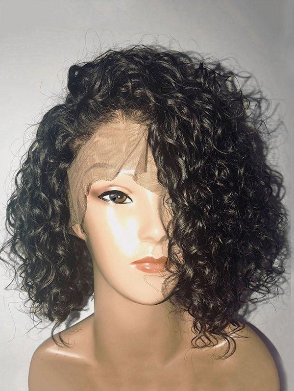 

Medium Inclined Bang Curly Synthetic Lace Front Wig, Black