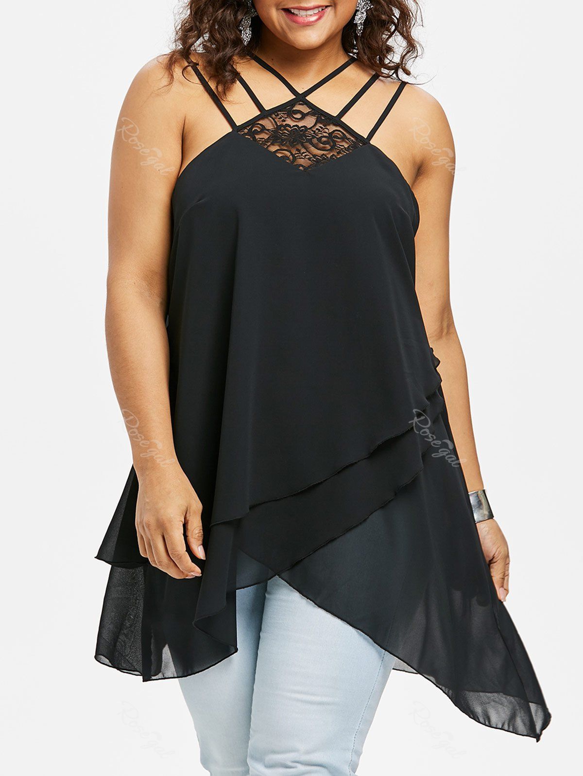 

Plus Size Lace Insert Strappy Tulip Tank Top, Black