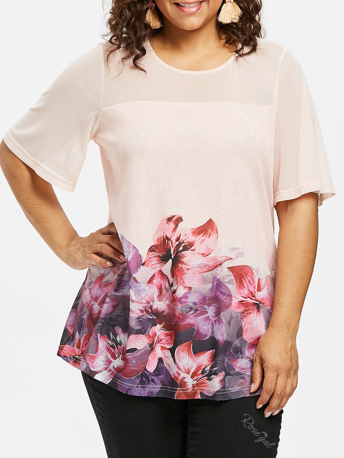 

Floral Print Plus Size Round Neck Top, Pig pink
