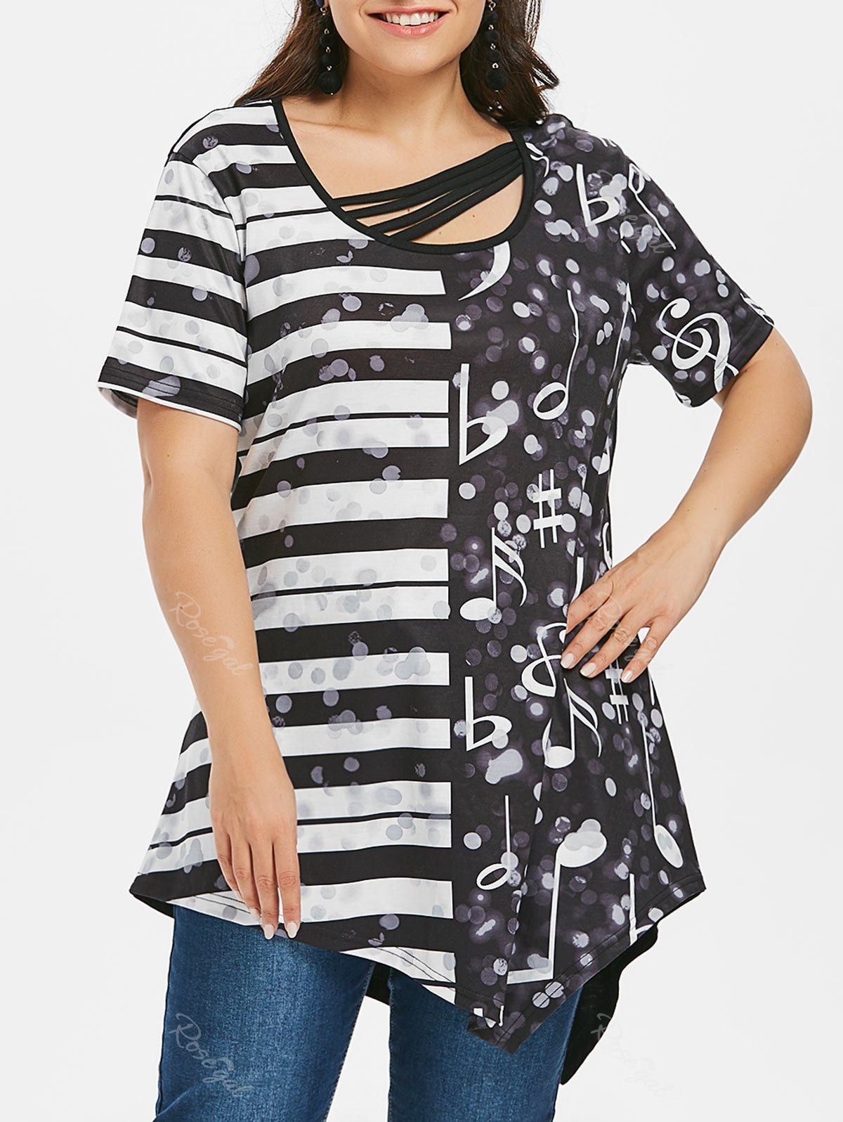 

Plus Size Music Note Scoop Neck T-shirt, Black