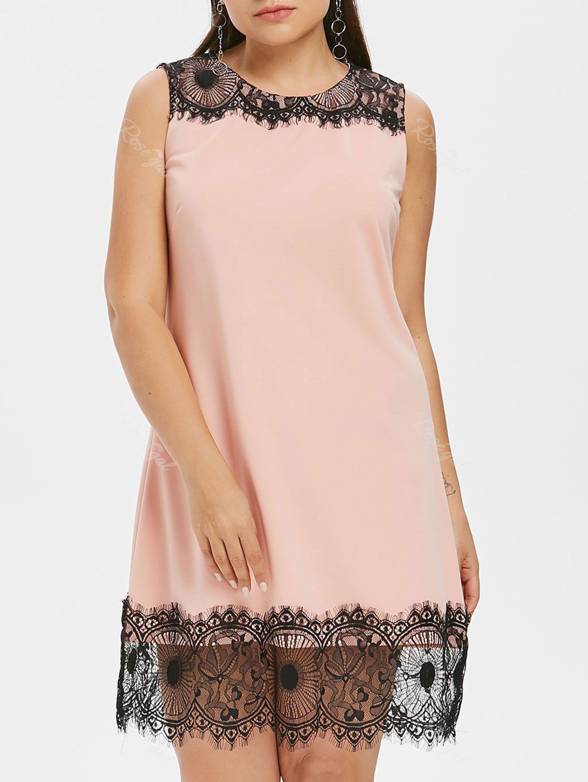 

Lace Trim Plus Size Straight Dress, Light pink