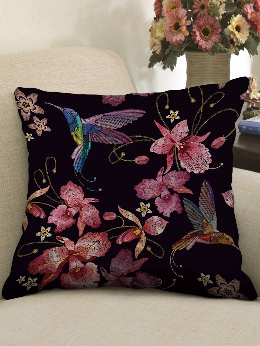 

Flower and Birds Print Decorative Linen Sofa Pillowcase, Multi